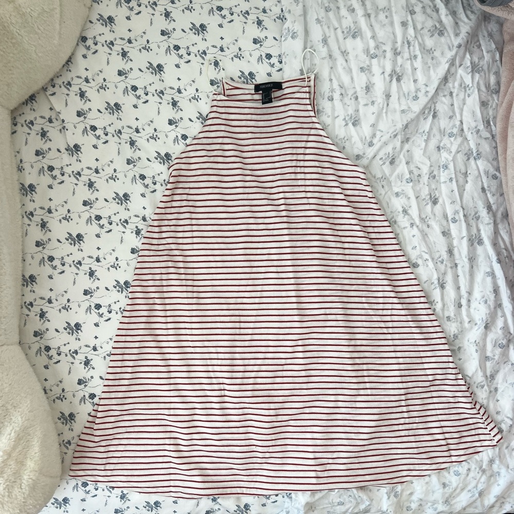 Red/peach + white stripped mini dress, high neck, white thin collar straps